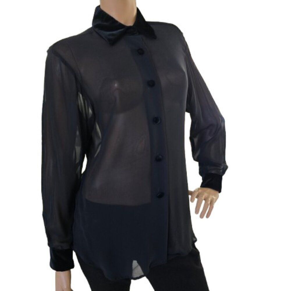Ninety Vintage Classic Little Black Blouse Sheer Velour Accents Sz M